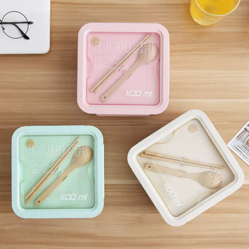Microwave Lunch Box Eco-Friendly BPA Free Wheat Straw Bento Box with Chopsticks Kitchen Food Container Soup Can with Spoon