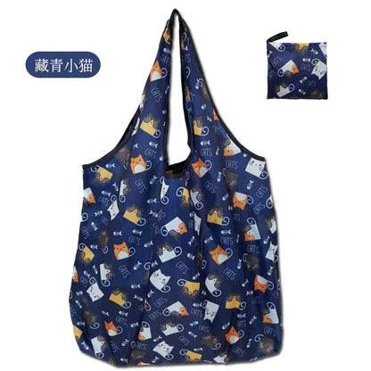 Fashion Printing Foldable Eco-Friendly Shopping Bag Tote Folding Pouch Handbags Convenient Large-Capacity for Travel Grocery Bag