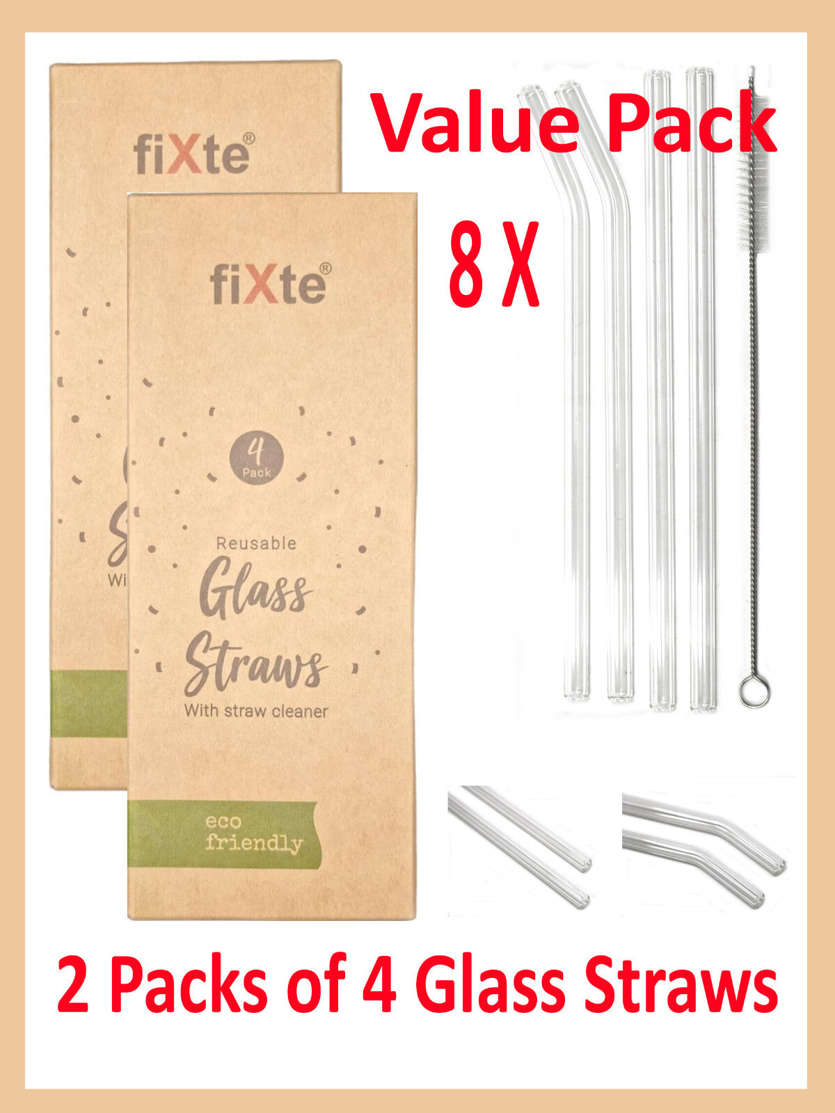 8 X Glass Drinking Straws Eco Friendly Reusable Party | 2 X Cleaning Brush