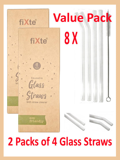 8 X Glass Drinking Straws Eco Friendly Reusable Party | 2 X Cleaning Brush