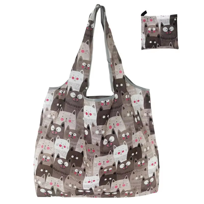 Fashion Printing Foldable Eco-Friendly Shopping Bag Tote Folding Pouch Handbags Convenient Large-Capacity for Travel Grocery Bag