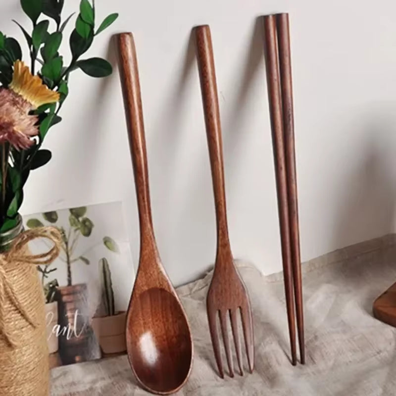 Japanese Wooden Spoon Fork Chopsticks Set Sushi Cutlery High Quality Eco-Friendly Portable Tableware Set Kitchen Utensils Gifts