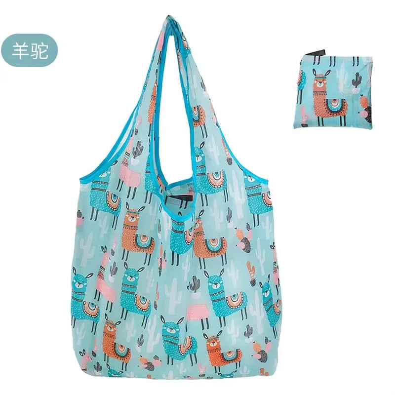 Fashion Printing Foldable Eco-Friendly Shopping Bag Tote Folding Pouch Handbags Convenient Large-Capacity for Travel Grocery Bag