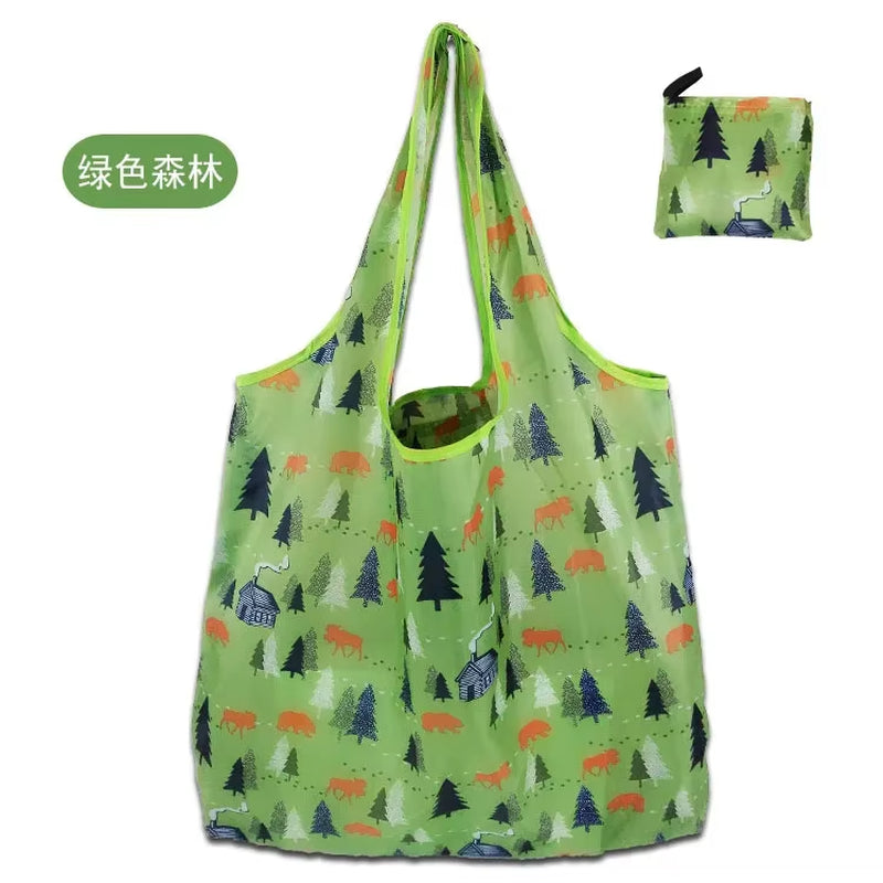 Fashion Printing Foldable Eco-Friendly Shopping Bag Tote Folding Pouch Handbags Convenient Large-Capacity for Travel Grocery Bag