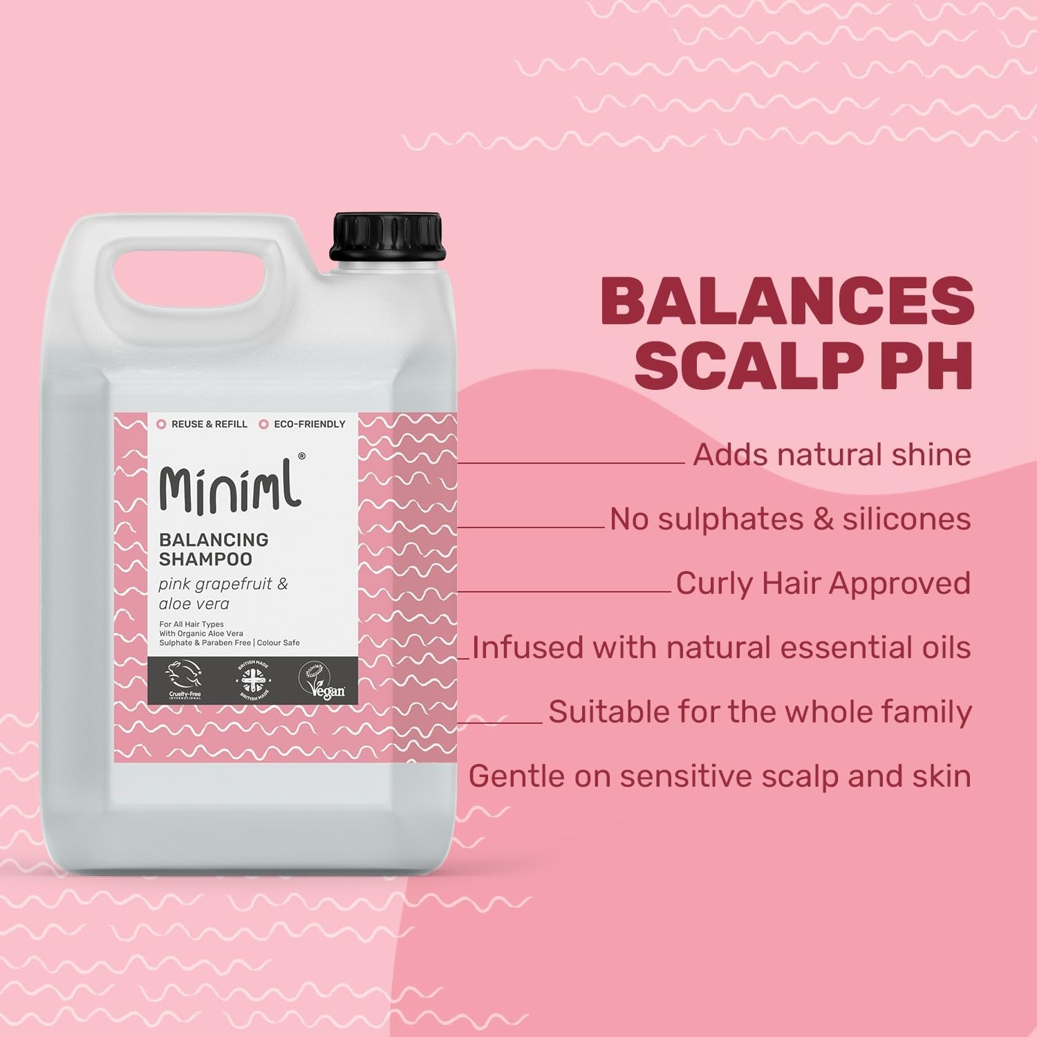 Natural Eco Hair Shampoo – 5L Refill Pink Grapefruit & Aloe Vera Men and Womens Sensitive Scalp & Skin Cruelty Free Vegan Friendly Shampoo - for Greasy, Curly, Dry and Dandruff Hair