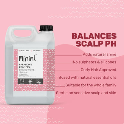 Natural Eco Hair Shampoo – 5L Refill Pink Grapefruit & Aloe Vera Men and Womens Sensitive Scalp & Skin Cruelty Free Vegan Friendly Shampoo - for Greasy, Curly, Dry and Dandruff Hair